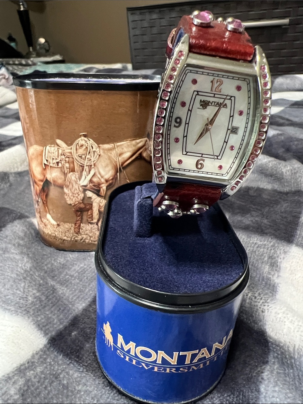 Montana Silversmiths Red Leather Watch with Pink Crystal Trim